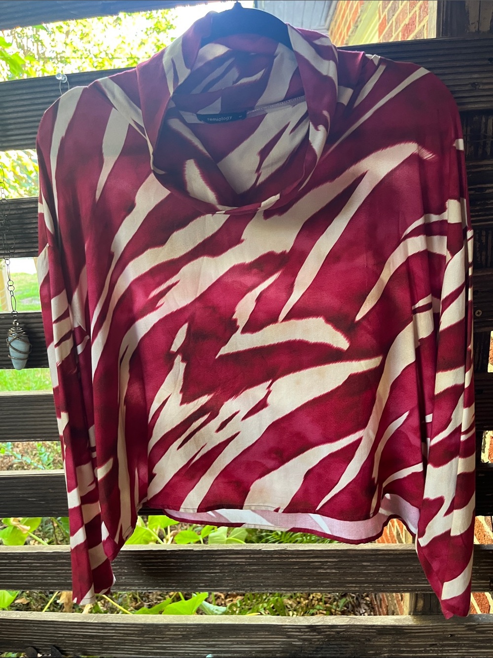 Cowl-Neck Red and Cream Zebra-Print Blouse